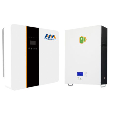 Megarevo 5kW hibrid inverter + Lithium Solar 5kWh (51.2V 100Ah) LiFePo4 használatra kész energiatároló rendszer fali kialakítású akkumulátorral.